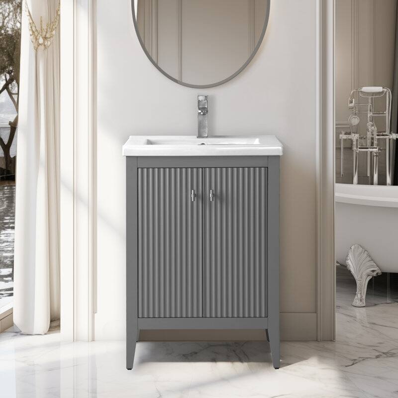 Vanity Art 24" Single Sink Bathroom Vanity Cabinet with Ceramic Top - 24"/Brushed Nickel Handle - Linear Cashmere Gray