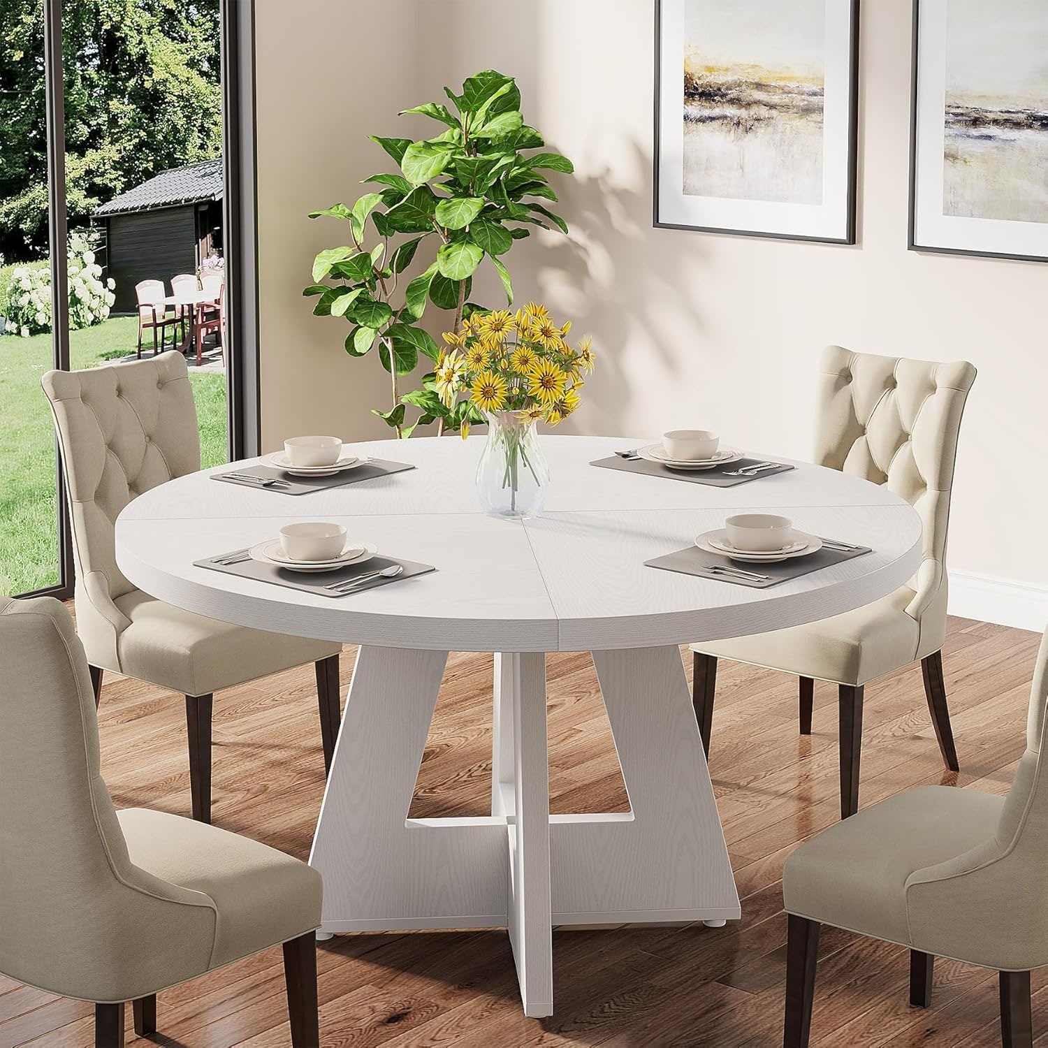47" Round Farmhouse Dining Table - White Wood Kitchen Table for 4