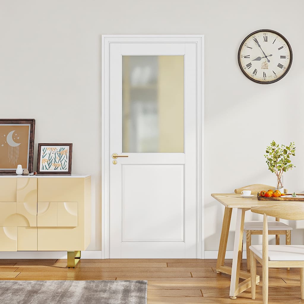 30" X 80" 1-Lite Frosted Glass Slab Door Solid Manufactured Wood shower door White Primed Standard Door Without Kit