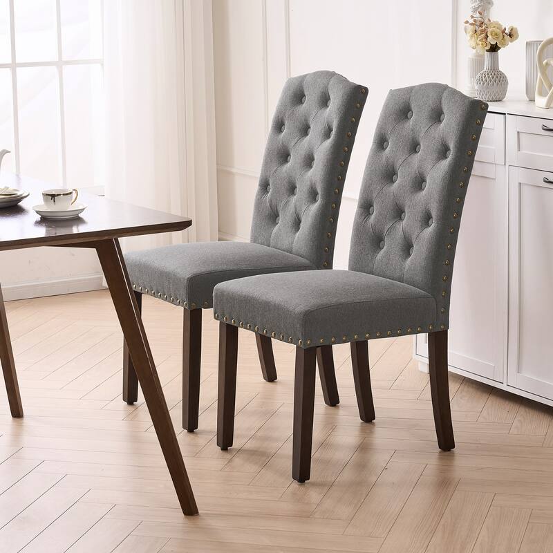 Fabric Upholstered Tufted High Back Dining Chairs with Nailhead Trim