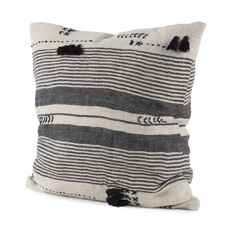 Thalia 13L x 21W Dark Gray and Cream Fabric Striped and Fringed Decorative Pillow Cover