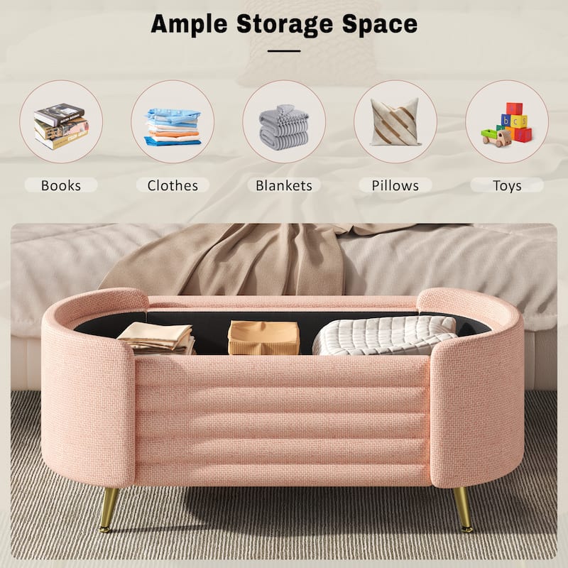 Roomfitters Modern Oval Storage Ottoman Bench, Upholstered Chenille Entryway Shoe Bench, Metal Legs