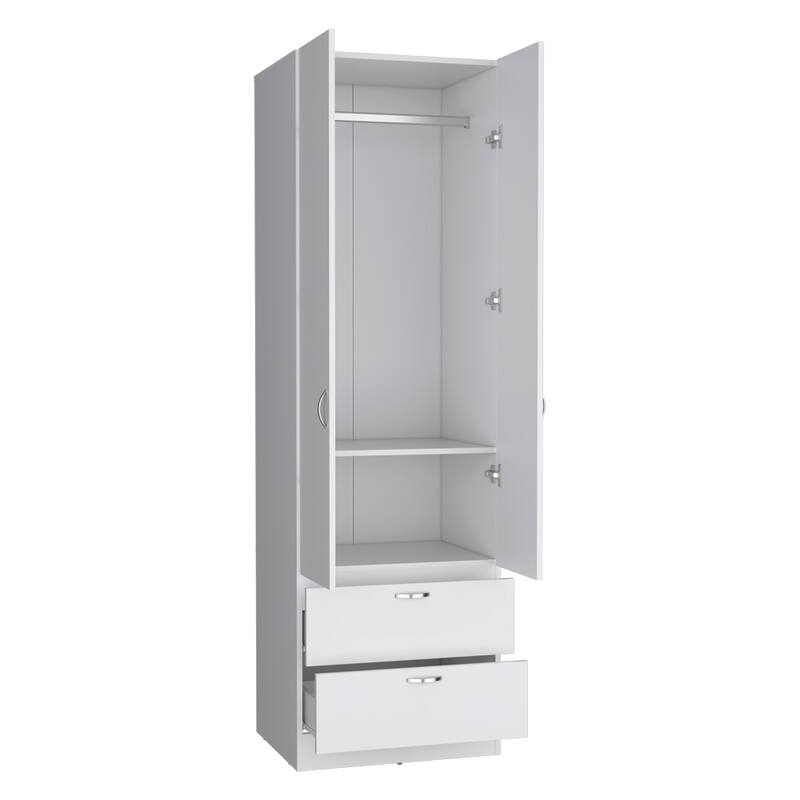 19.5" Modern Double-door Armoire with Hanging Rod, One Shelf and Two Exterior Drawers