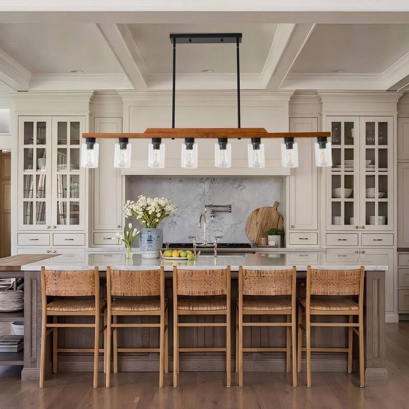 Farmhouse Chandelier for Dining Room Kitchen Island Rustic Wood Linear Pendant Light with Seed Glass Shade