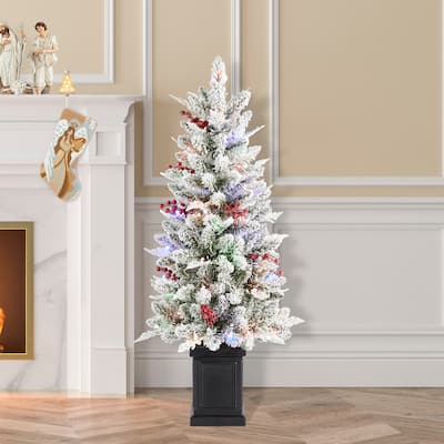Glitzhome 4FT Pre-Lit Snow-Flocked Artificial Christmas Tree in Pot with Red Berries and Lights for Porch Front Door Decoration