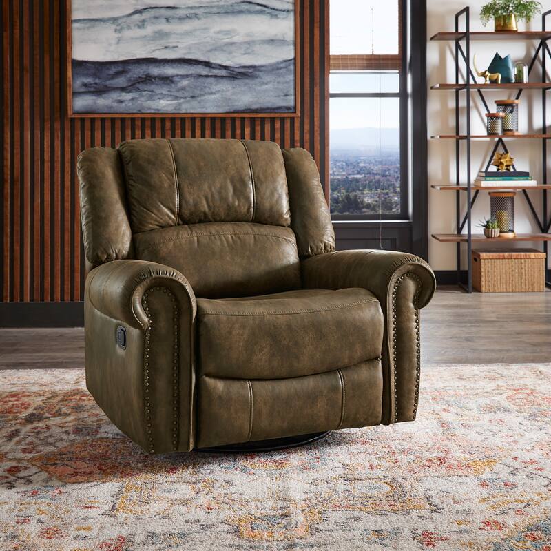 Monroe Polished Microfiber Nailhead Swivel Glider Recliner by iNSPIRE Q Classic