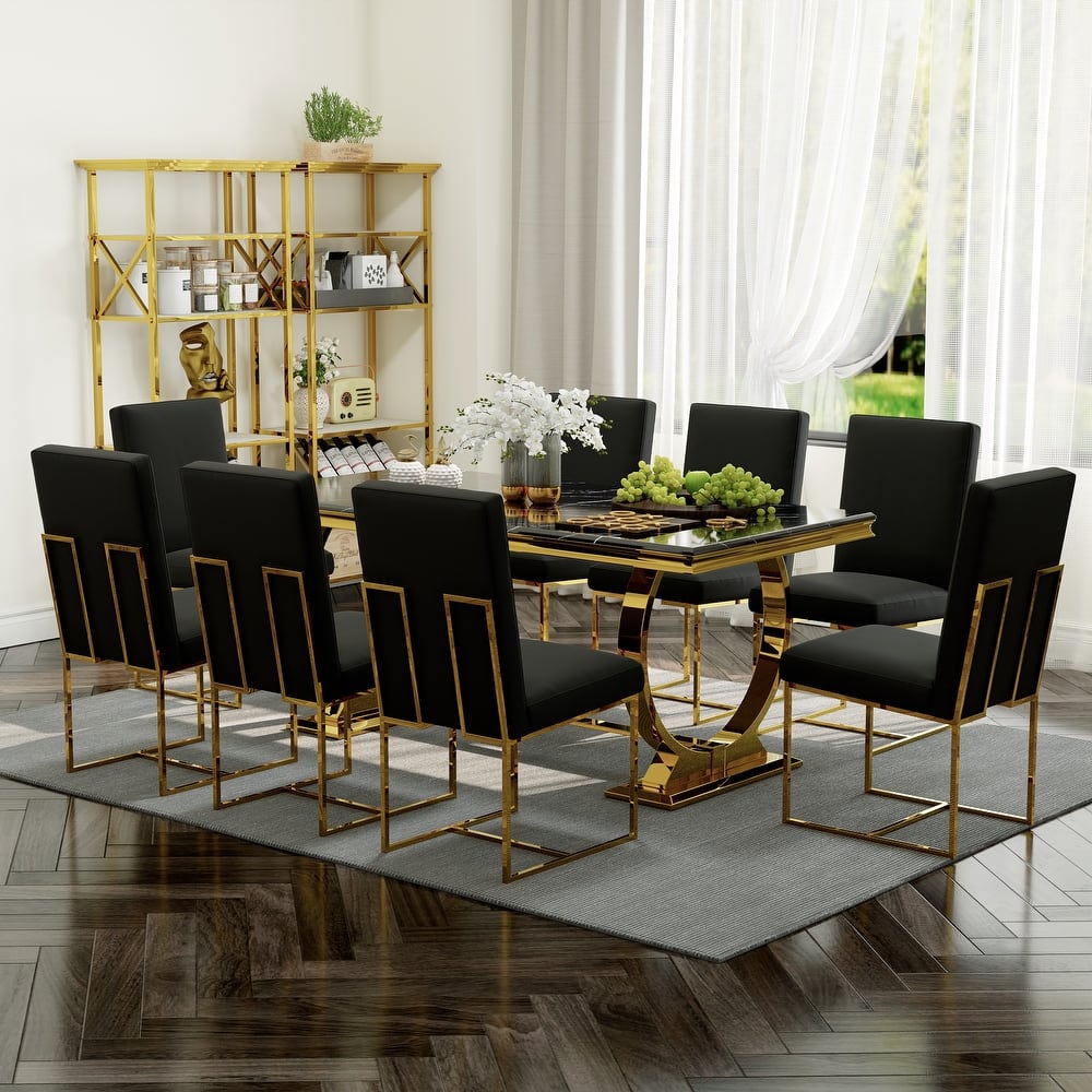White and Gold Dining Room Table Set with 72 inch Table and White PU Leather Dining Chairs
