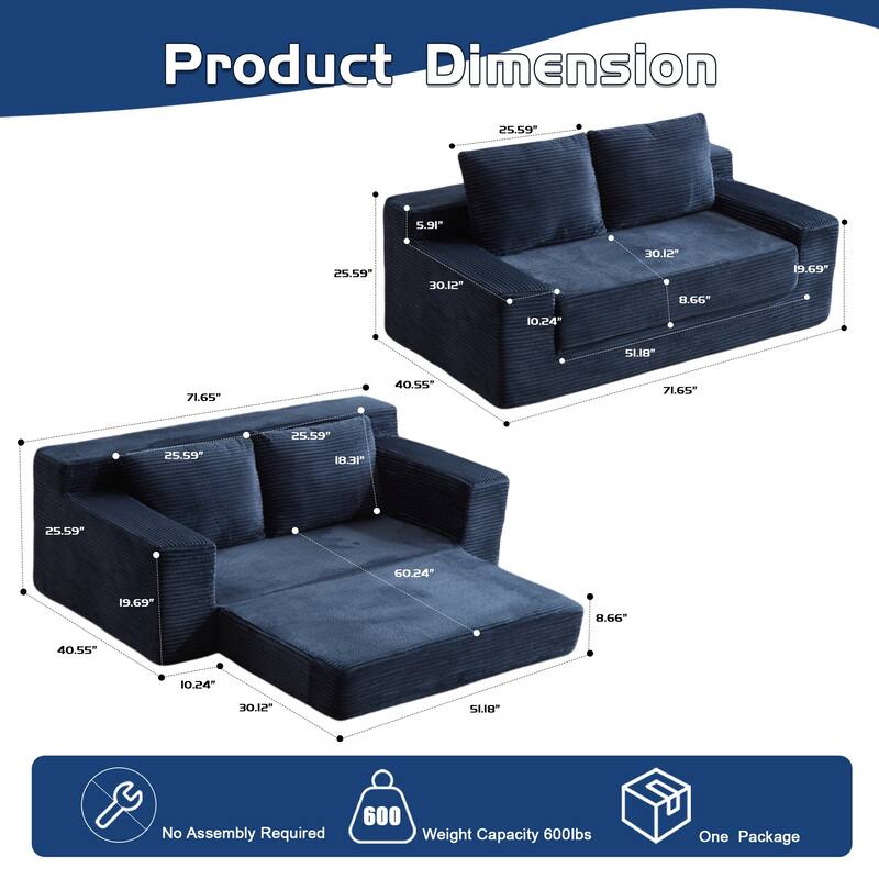 Floor Corduroy Deep Seat Loveseat Sofa with Folding Mattress Convertible Sleeper Sofa Bed with Reversible Cushion and Pillows