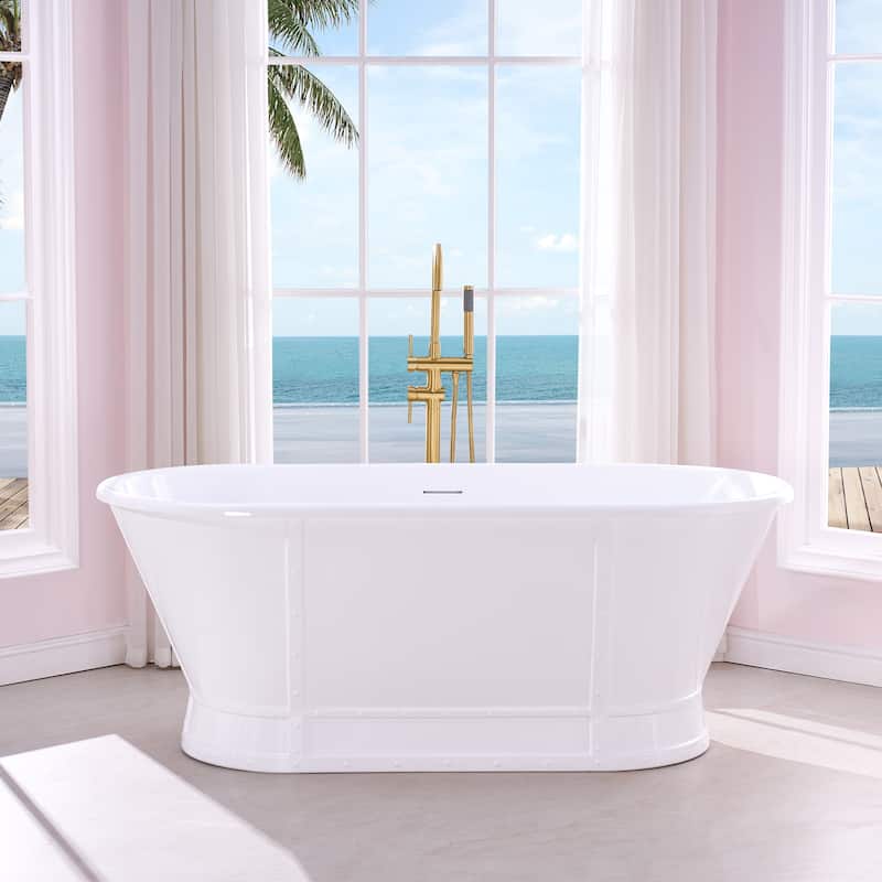 66'' W,73 GALLONS Freestanding Acrylic Soaking Bathtub With Drain And Overflow Holes