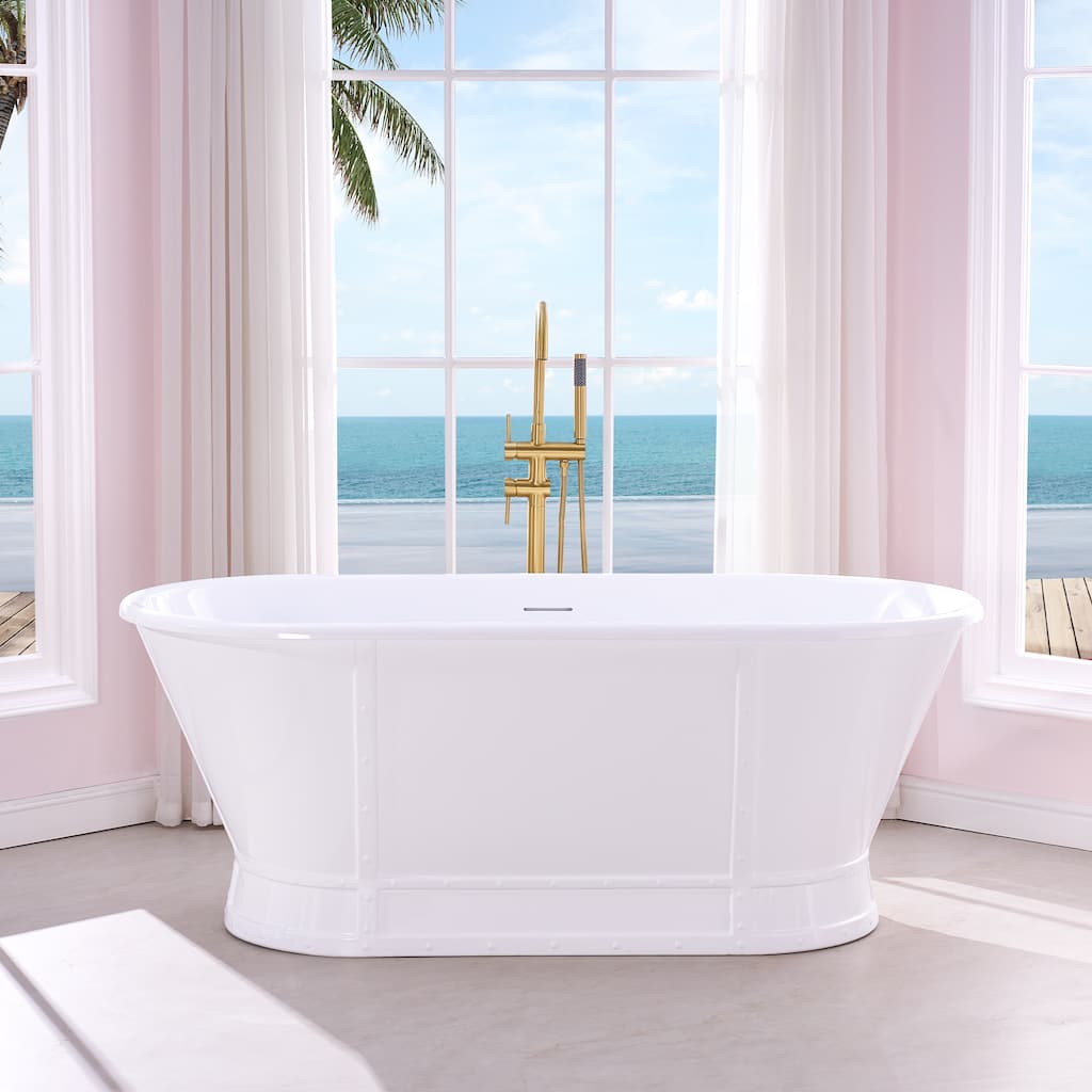 66'' W,73 GALLONS Freestanding Acrylic Soaking Bathtub With Drain And Overflow Holes