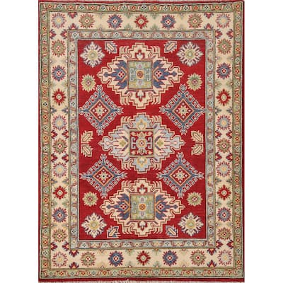 Red Geometric Kazak Oriental Accent Rug Handmade Wool Carpet - 3'6"x 4'9"