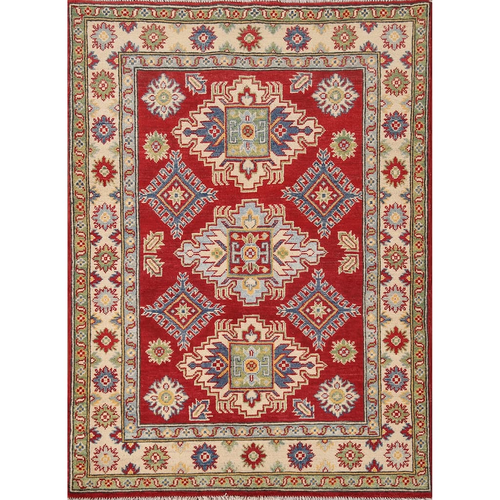 Red Geometric Kazak Oriental Accent Rug Handmade Wool Carpet - 3'6"x 4'9"