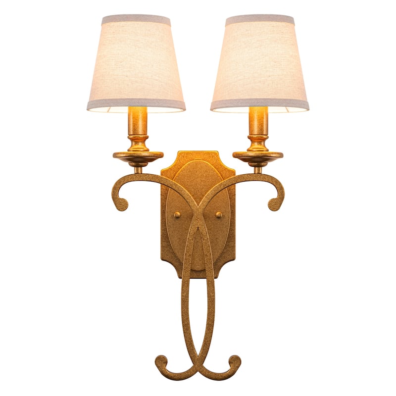 2-Light Antique Gold Metal Wall Sconce Cone Linen Fabric Shades