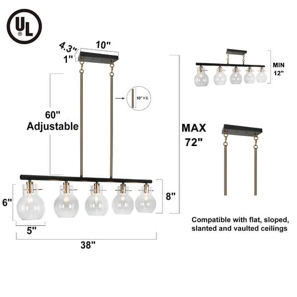 dimension image slide 1 of 2, Modern Industrial 5-Light Black Gold Linear Chandelier Clear Glass Kitchen Island Lights for Dining Room