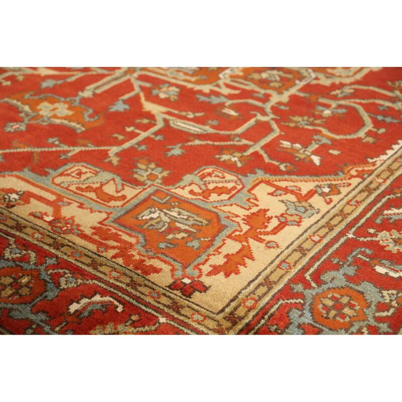 Medallion Heriz Serapi Indian Area Rug Hand-Knotted Floral Wool Carpet - 7'11" x 9'10"