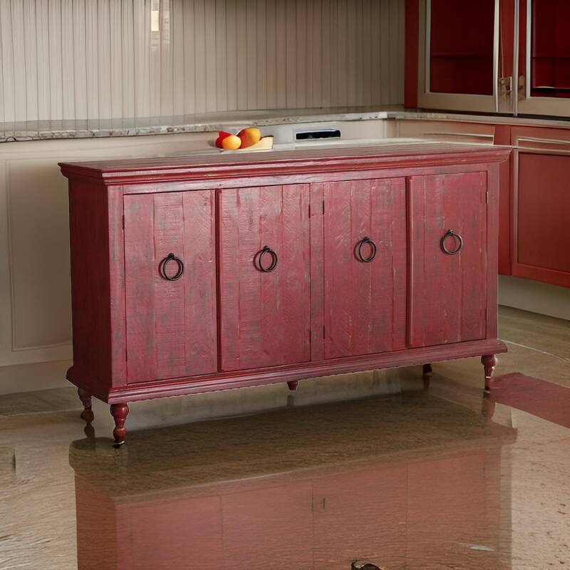 Cip 74 Inch 4 Door Console Table Fixed Shelf Distressed Red Pine Wood