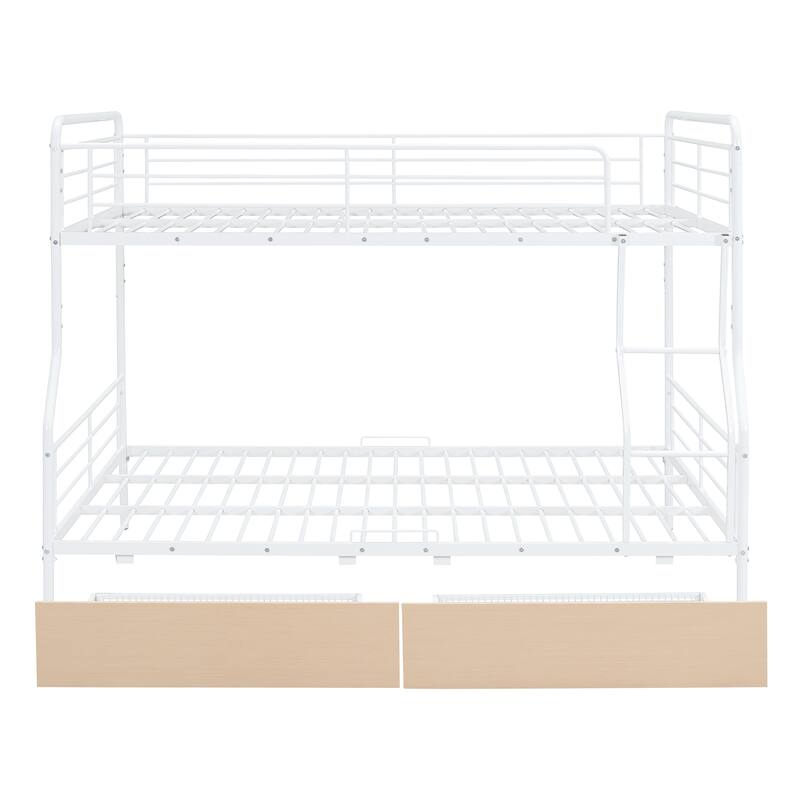 White Full XL Over Queen Metal Bunk Bed with 2 Drawers, Sturdy Iron Frame, Space-Saving Design