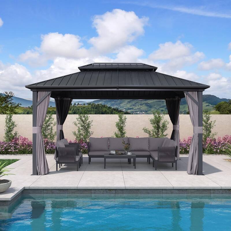 PURPLE LEAF Gazebo Outdoor Gazebo with Dual-Layer Galvanized Steel Double Roof Aluminum Gazebo with Netting and Curtains Grey