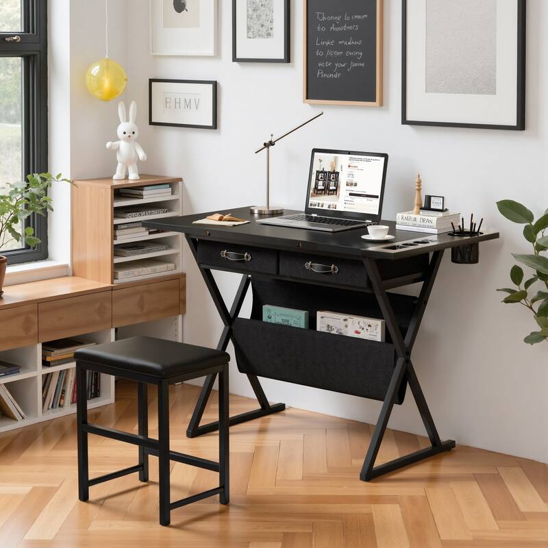 VECELO Drafting Table Set with Stool Set of 2 Tilting Art Desk with Pencil Ledge Storage Drawers with X-Frame for Home Studio