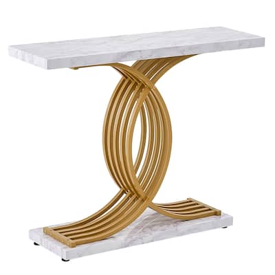 Faux Marble White MDF Metal Console Table, 1-Tier with Adjustable Feet - 39.4” L x 11.8” W x 31.9” H