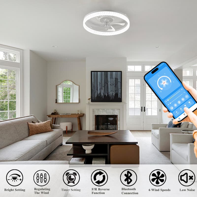 19" White Feather Bedroom Fan light with Remote Control, Dimmable, 7 Blades, Reversible DC Motor, with LED Light - Off White