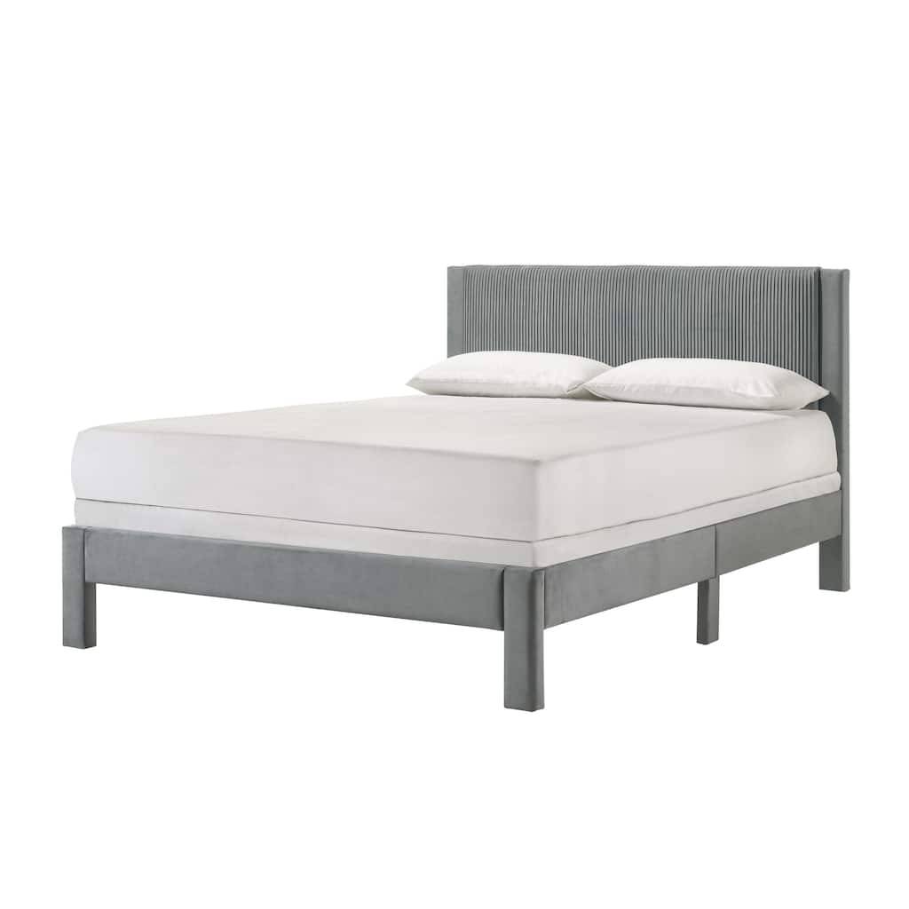 Contemporary Plush Upholstered Full Bed with Ribbed Headboard, Low-profile Frame, Light Gray