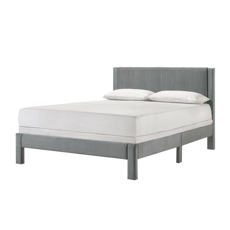 Queen Size Upholstered Platform Bed with Ribbed Headboard and Low-Profile Frame - LIGHT GREY