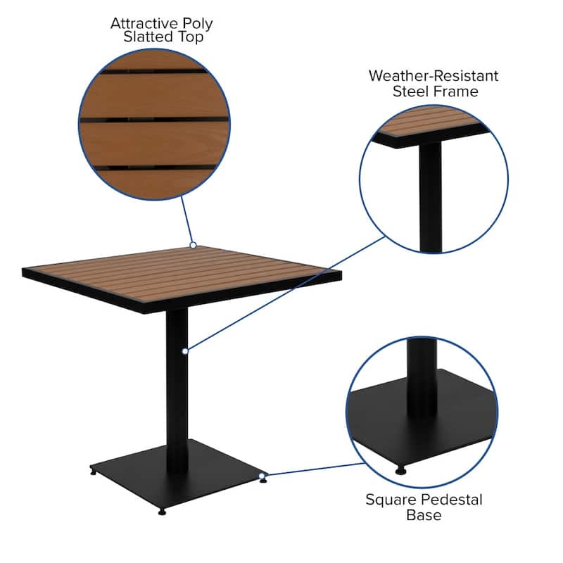 2 Faux Teak Accented Club Chairs and 30" Square Faux Teak Patio Table Set