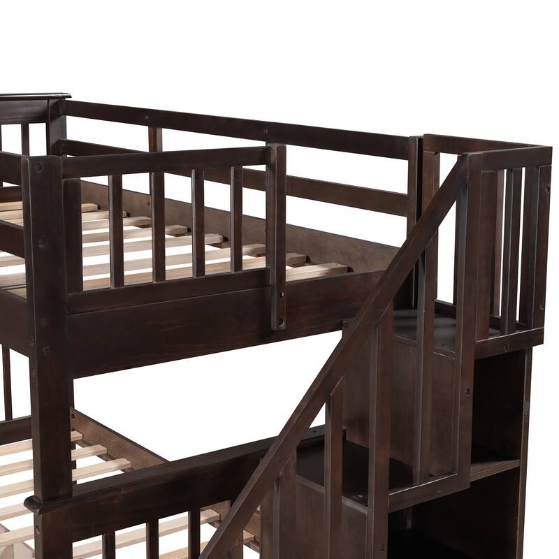 Stairway Twin Over Twin Bunk Beds w/3 Under Bed Drawers and Guard Rail