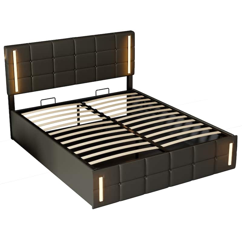 Queen Size Upholstered Bed with LED Lights,Hydraulic Storage System and