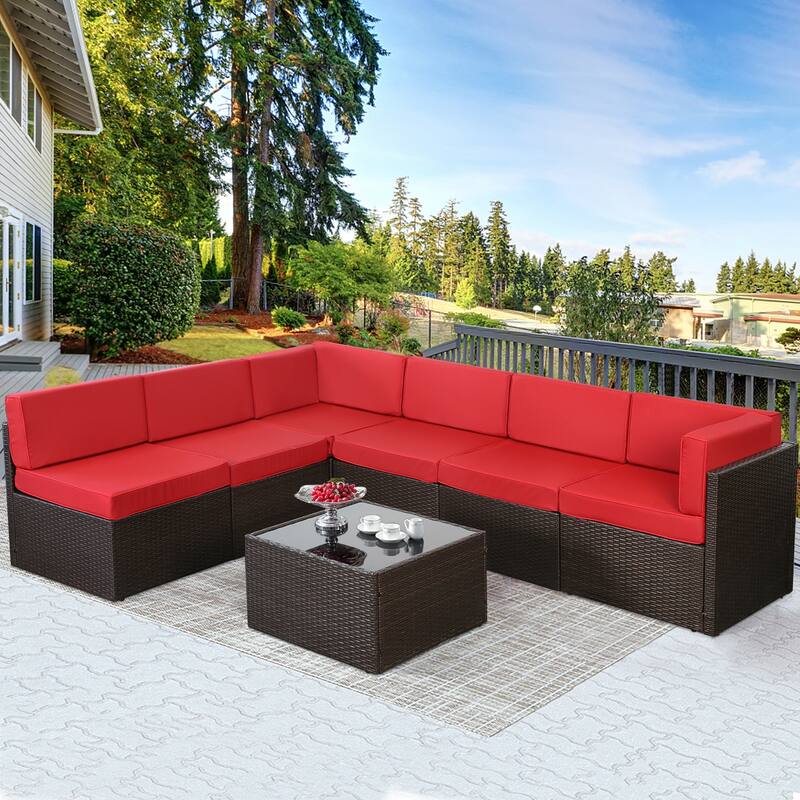 AECOJOY 7 Pieces Outdoor Sectional Sofa Wicker Rattan Conversation Set - Red