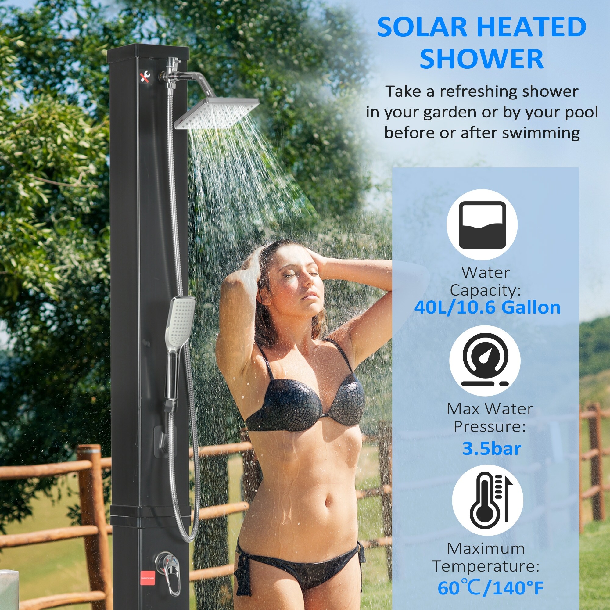 Outsunny 10.6 Gallons Solar Heated Shower with 360 Rotating Rainfall,  Handheld Shower Head, Temperature Adjustment & Foot Shower