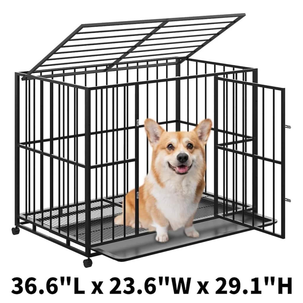 Heavy Duty Foldable Steel Dog Crate Chew-Resistant Kennel with Locking Wheels