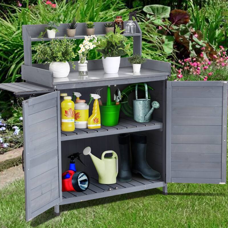 Outdoor Potting Bench Table Storage Cabinet, Wooden Planting Workstation with Storage Shelf & Galvanized Tabletop
