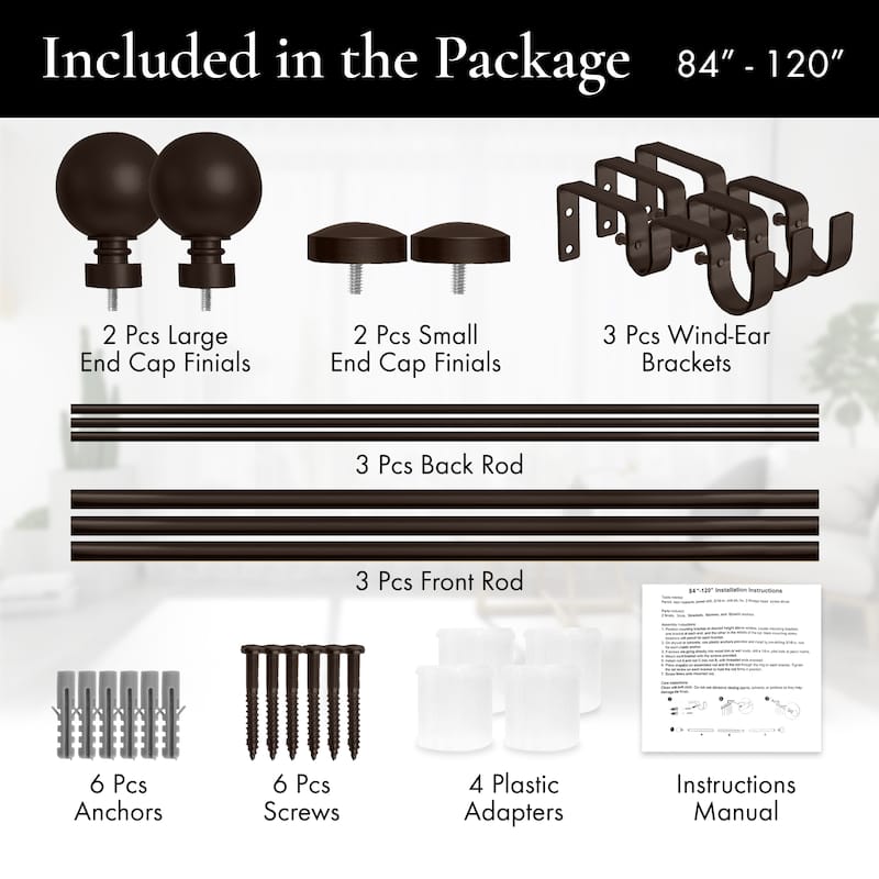 Meriville 1-Inch Diameter Steel Ball Double Window Curtain Rod with End Cap finial