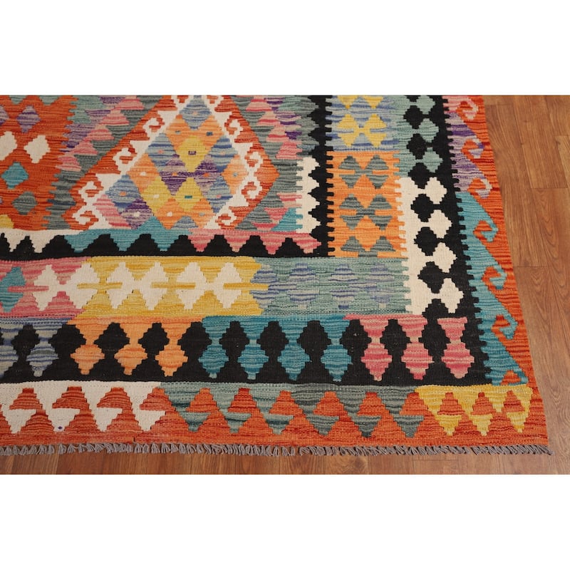 Geometric Kilim Oriental Area Rug Flatweave Orange Wool Carpet - 8'0" x 11'5"