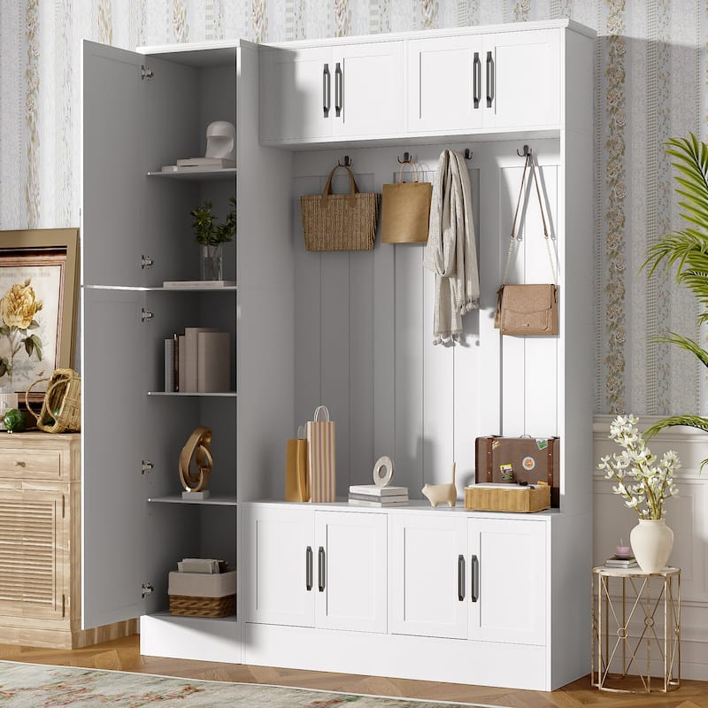 4-in-1 Entryway Bench with 6 Cabinets, 4 Coat Hooks & Adjustable Shelf,79'' Tall Modern Hall Tree with Shoe Storage