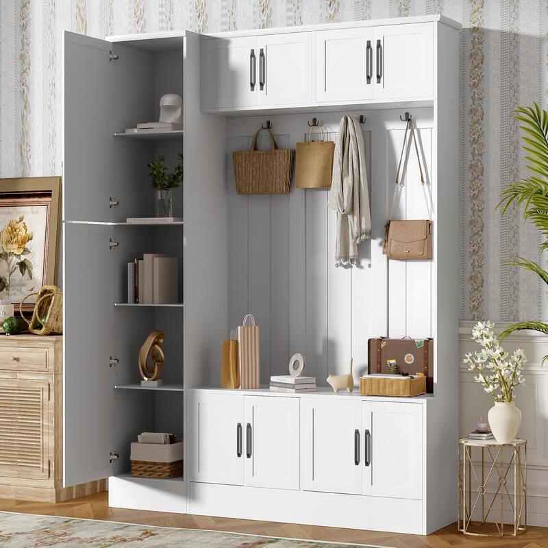 79" Tall Modern Hall Tree with 6 Cabinets, 4 Coat Hooks & Adjustable Shelf - 4-in-1 Entryway Storage Bench