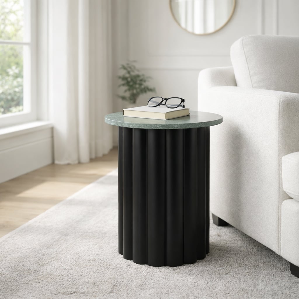 Wood Large Ribbed End Table Marble Top - Black, 20" - 20.0"