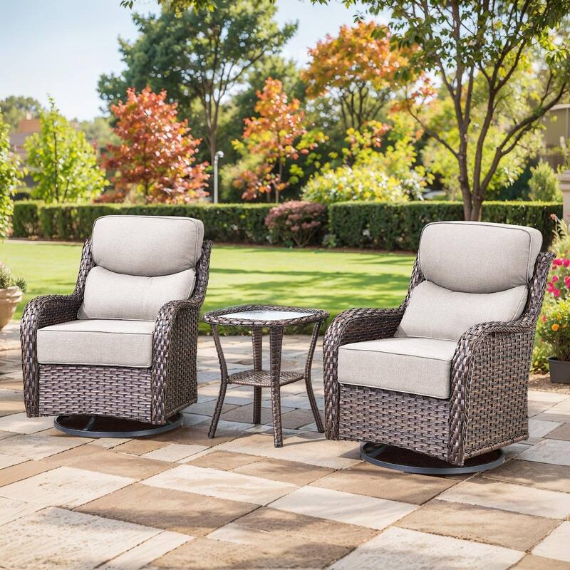 Outdoor Swivel Wicker Patio Chairs Set with Side Table - Swivel Chair with Side Table - Brown Rattan - Beige Cushion