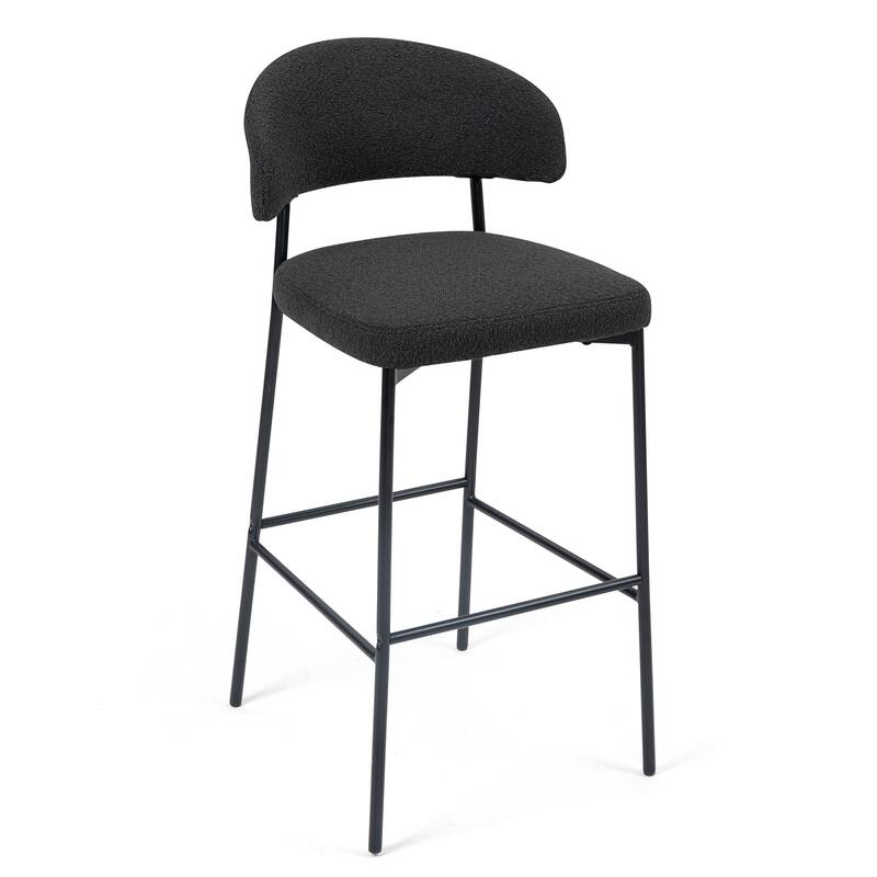 Set of 2 Bennett Black Boucle Upholstered Fabric Bar Stool with Black Iron Legs