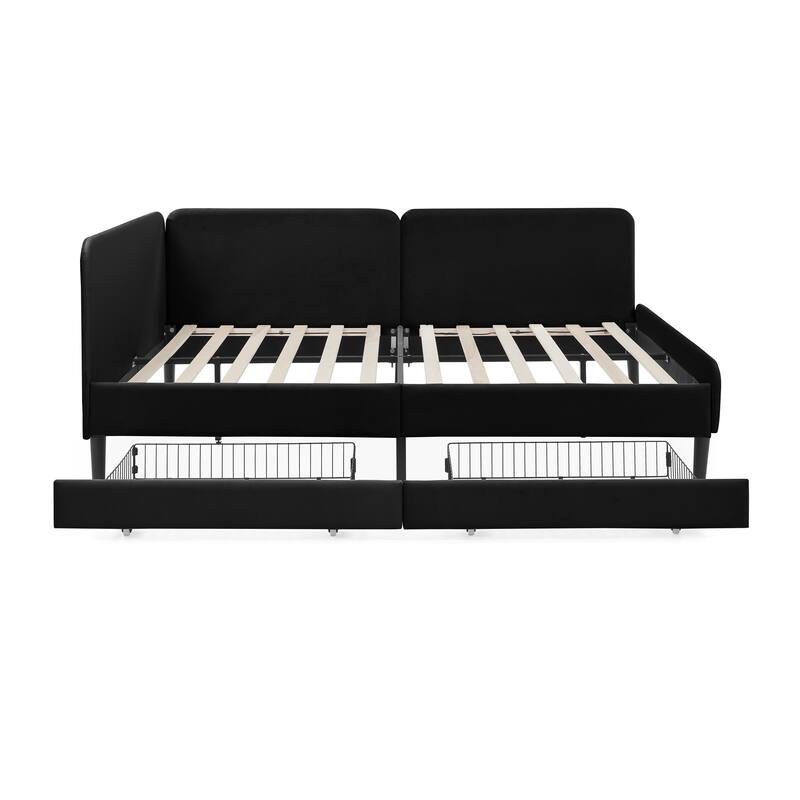 Roomfitters Twin/Full Upholstered Platform Bed with Side Backrest and Underbed Storage Trundle