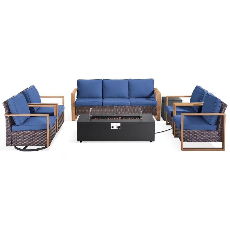 Meyreso Wicker Outdoor Patio Fire Pit Set with Swivel Gliders and 4.5-Inch Olefin Cushions