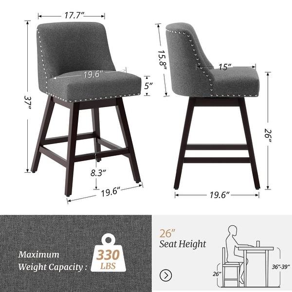 dimension image slide 4 of 8, 26 in. Fabric Upholstered Counter Height Swivel Bar Stool with Footrest - 19.6"D x 19.6"W x 37"H