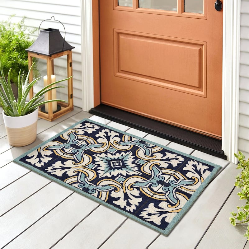 Liora Manne Ravella Floral Tile Indoor/Outdoor Rug Navy 7'6" x 9'6" - 2' x 3' - Navy