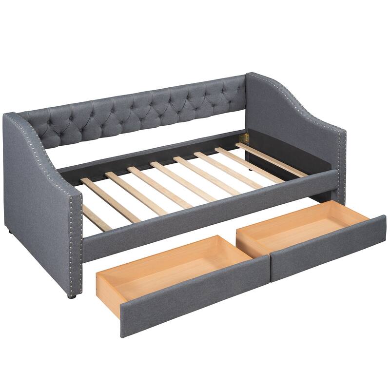 Elegant Upholstered Twin Daybed with Two Storage Drawers for Bedroom, Guest Rooms, Linen Fabric
