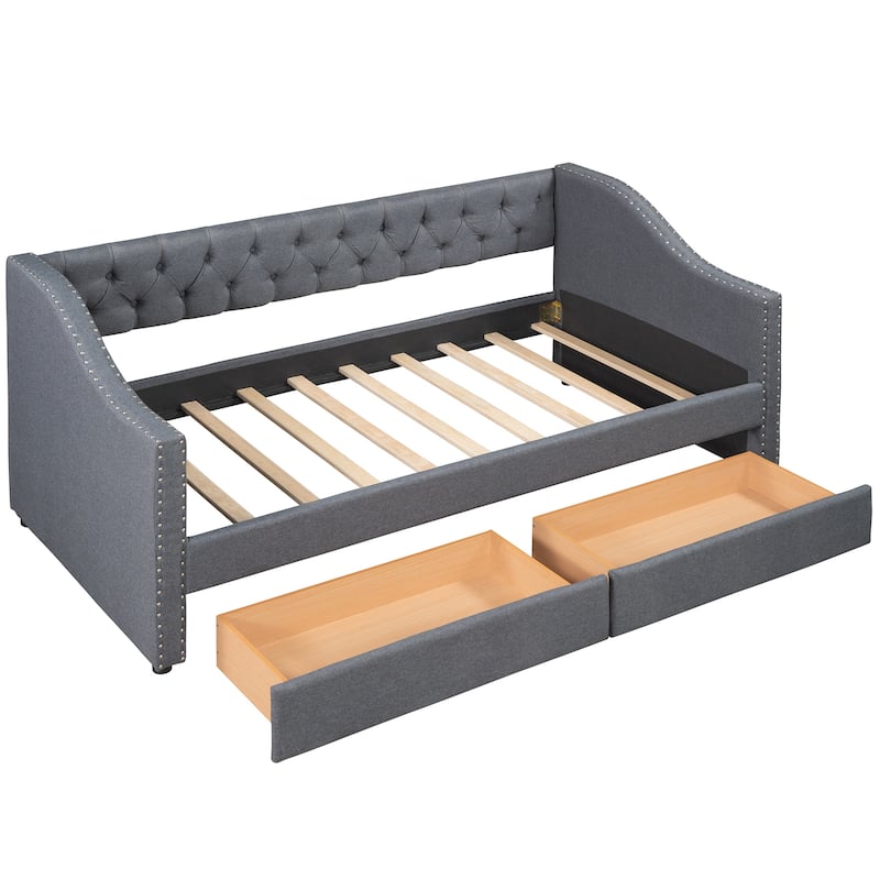 Grey Upholstered Twin Daybed with Storage Drawers - Wood Slat Support