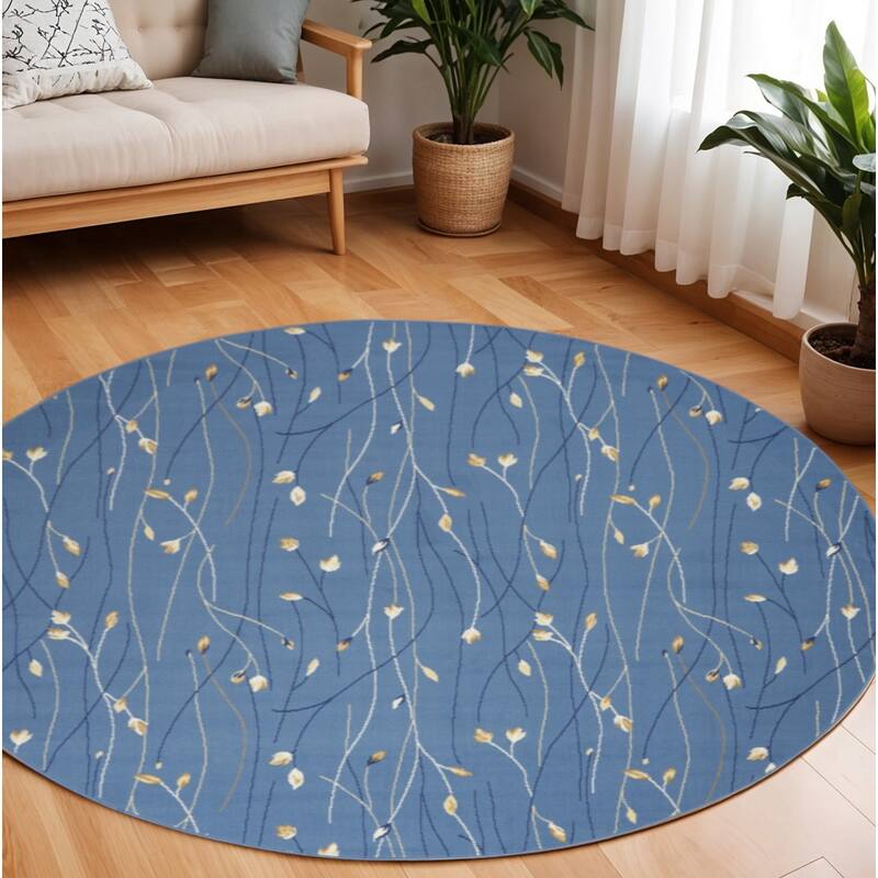 Lifuh Power Loomed Geometric Floral Traditional Area Rug By HomeRoots - 96' X '96' X '0.5 - 96' X '96' X '0.5 - Oxford Blue - Round