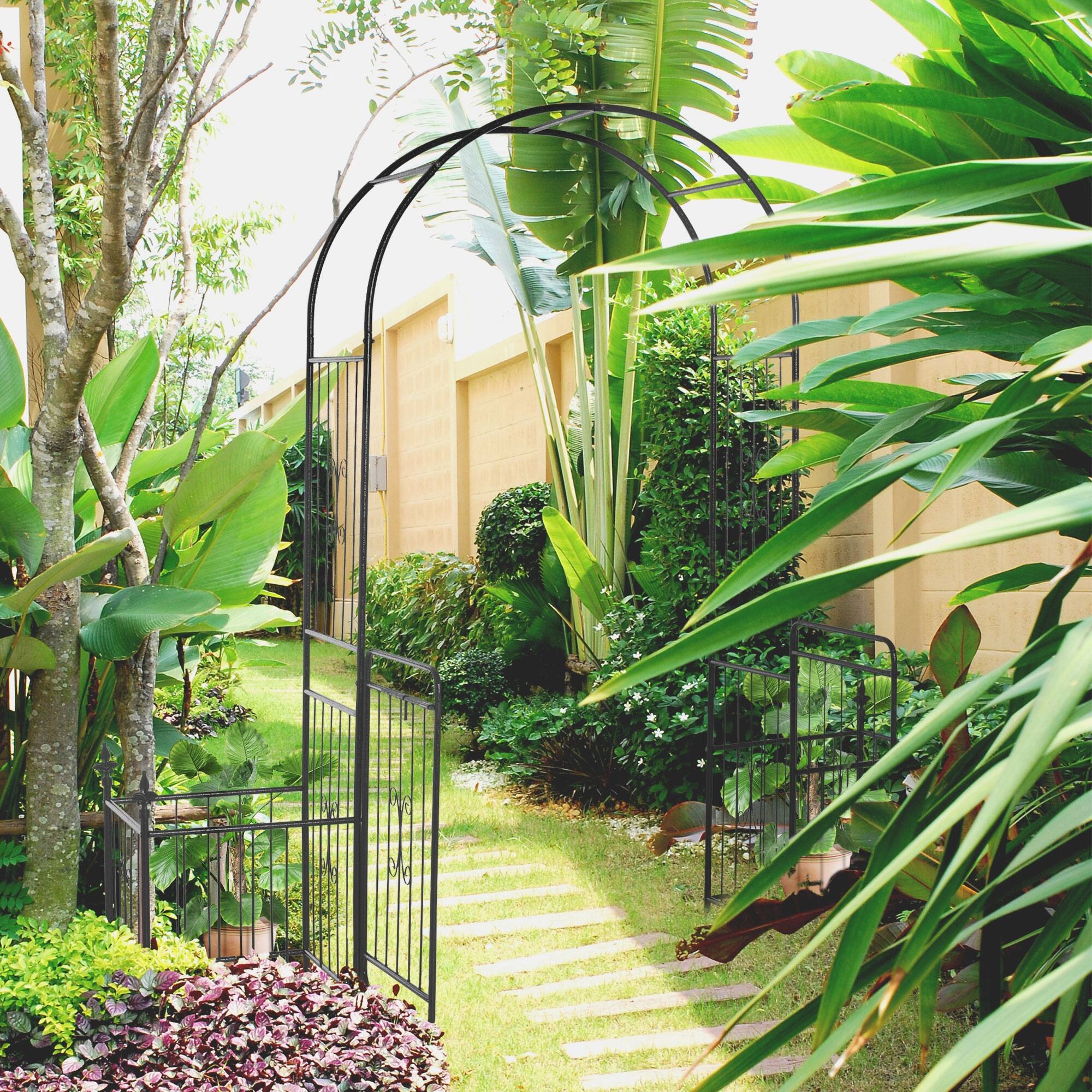 Outsunny Garden Arbor Arch Gate with Trellis Sides, Locking Doors Bed