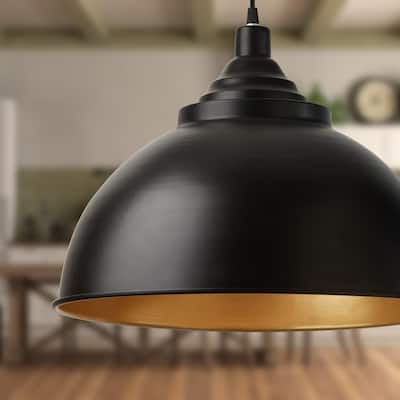 Mina River of Goods Black and Gold-Finish Metal Adjustable Drop Height 17.5-Inch Hanging Pendant Light